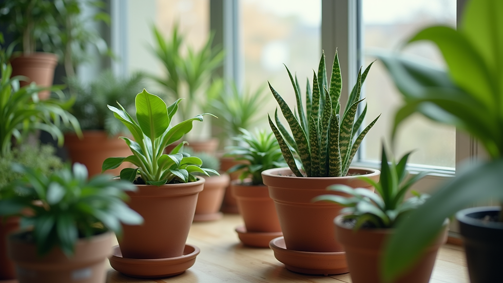 Close-up view of a variety of indoor plants in decorative pots