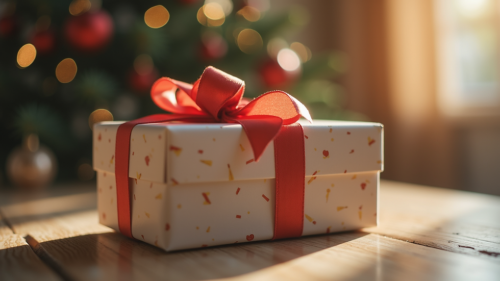 Eye-level view of a personalized gift box with a ribbon