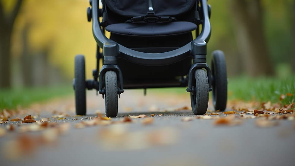 close-up view of stroller wheel and suspension system on a park path
