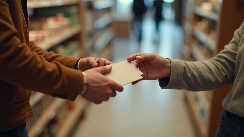 high angle view of a gift card being handed over in a store