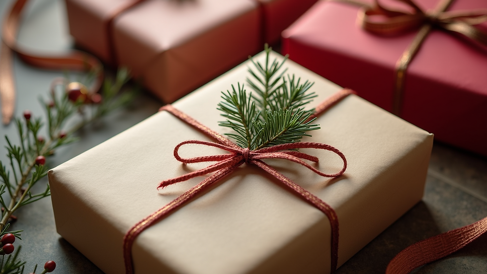 High angle view of a cozy gift wrapping setup with cards and ribbons