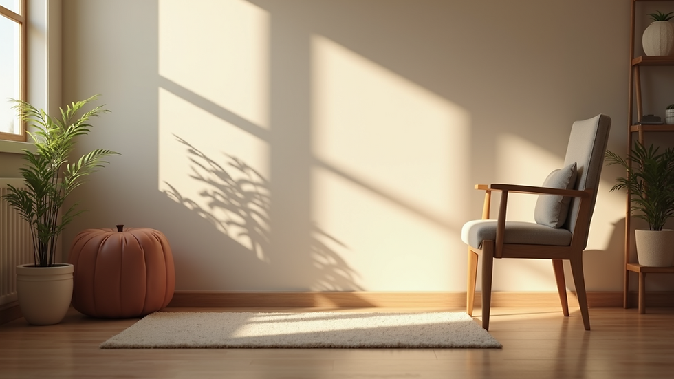 Eye-level view of a calm therapy room with a comfortable chair and soft lighting