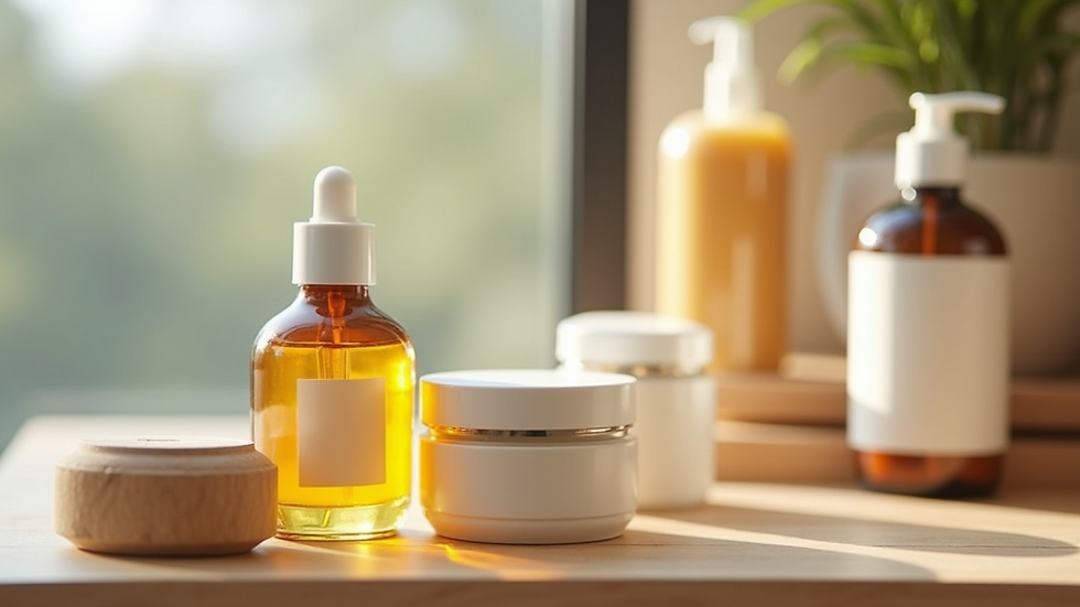 Eye-level view of skincare products and soothing ointments on a wooden table