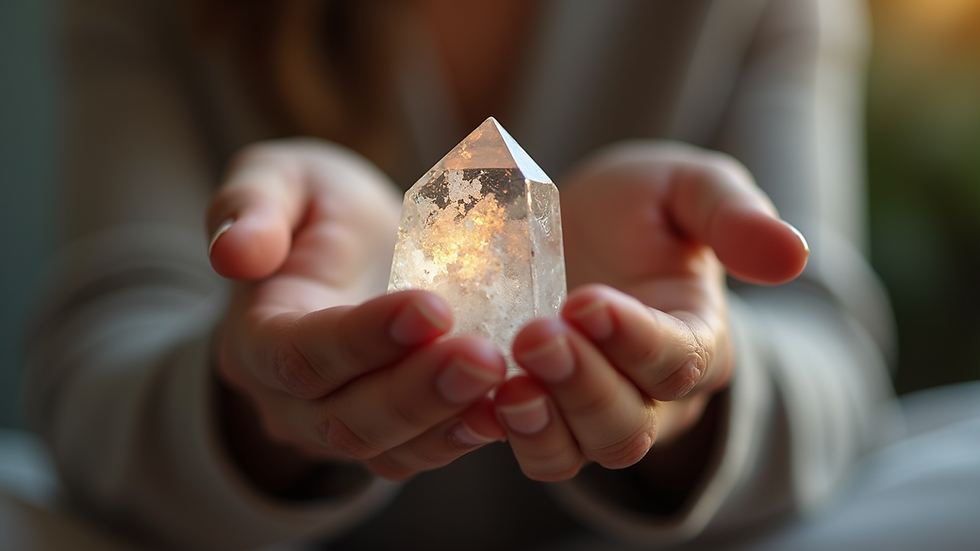Close-up view of a person holding a small crystal for focus during hypnotherapy