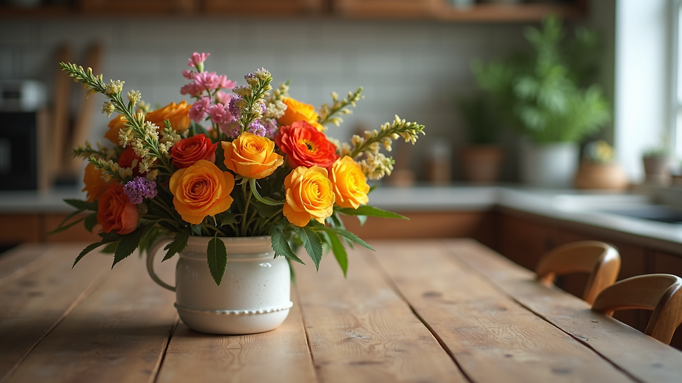 Close-up view of a colorful flower arrangement on a wooden table