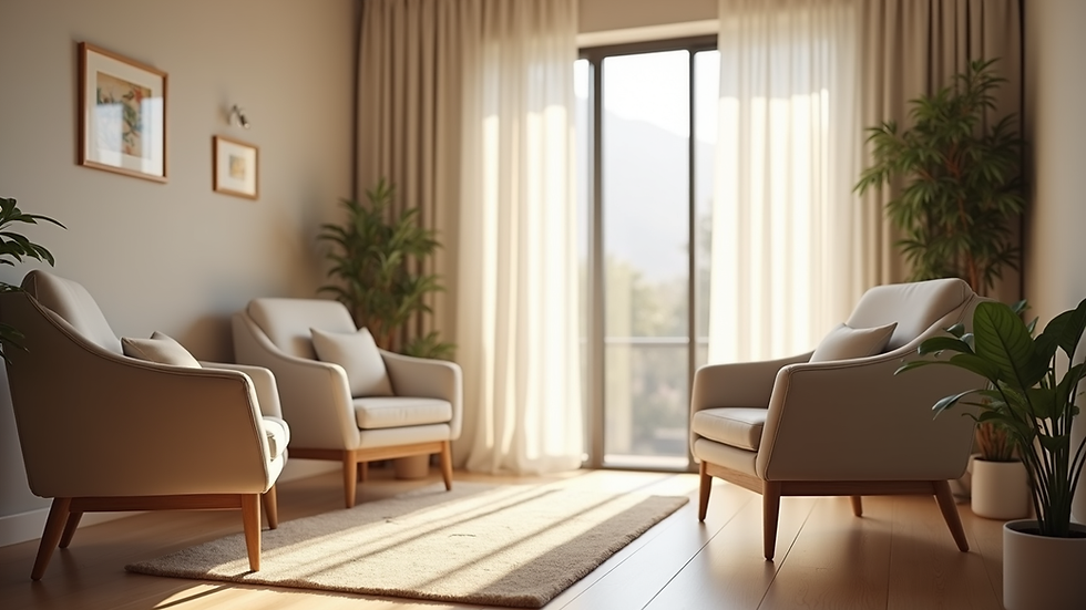 Eye-level view of a calm therapy room with soft lighting and comfortable chairs