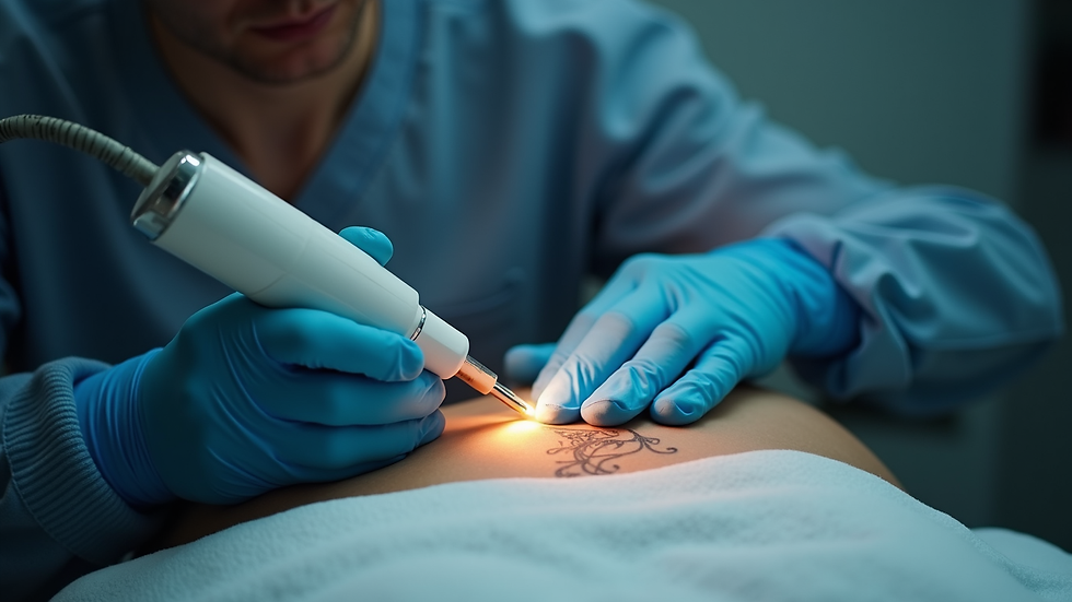 Eye-level view of a laser technician preparing a tattoo removal session