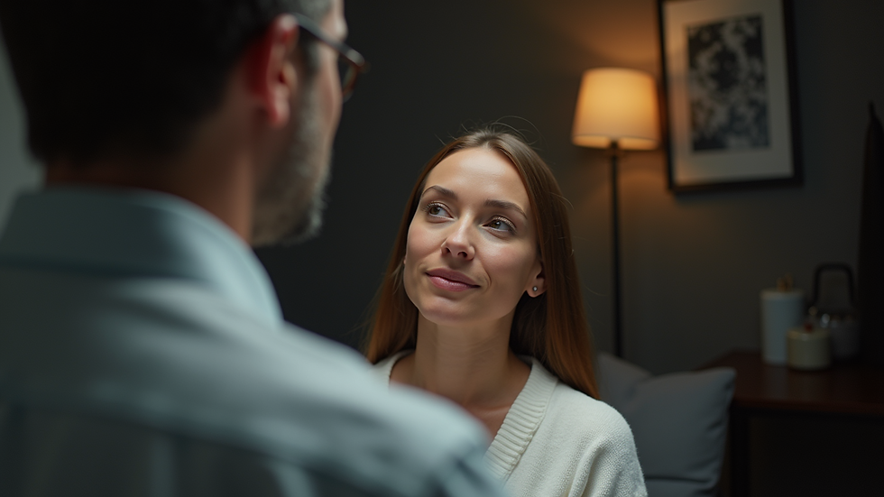 Close-up view of a hypnosis session in progress with a relaxed client and therapist