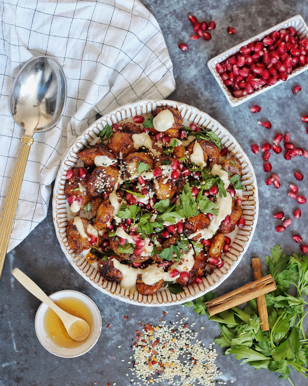 Delicious smashed potatoes with hot honey and tahini