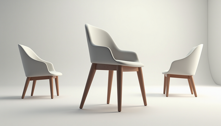 Eye-level view of a 3D rendered product display showing multiple angles of a modern chair