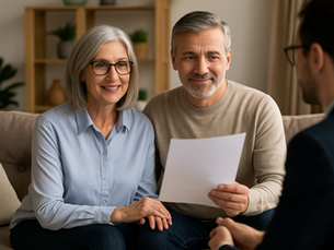 A smiling middle-aged couple sits on a couch, holding hands and reviewing a document with a professional insurance agent in a navy suit. The setting is warm and well-lit, creating a sense of comfort and trust.