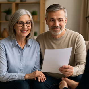 A smiling middle-aged couple sits on a couch, holding hands and reviewing a document with a professional insurance agent in a navy suit. The setting is warm and well-lit, creating a sense of comfort and trust.