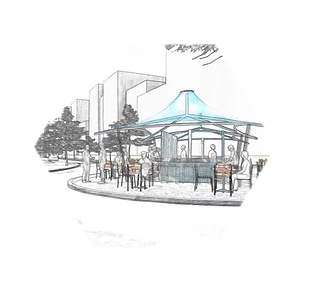 הדמיה- ציור- של רעיון לפיתוח ברחוב קרן היסוד- שולחנות ישיבה וקירוי בצבע כחול