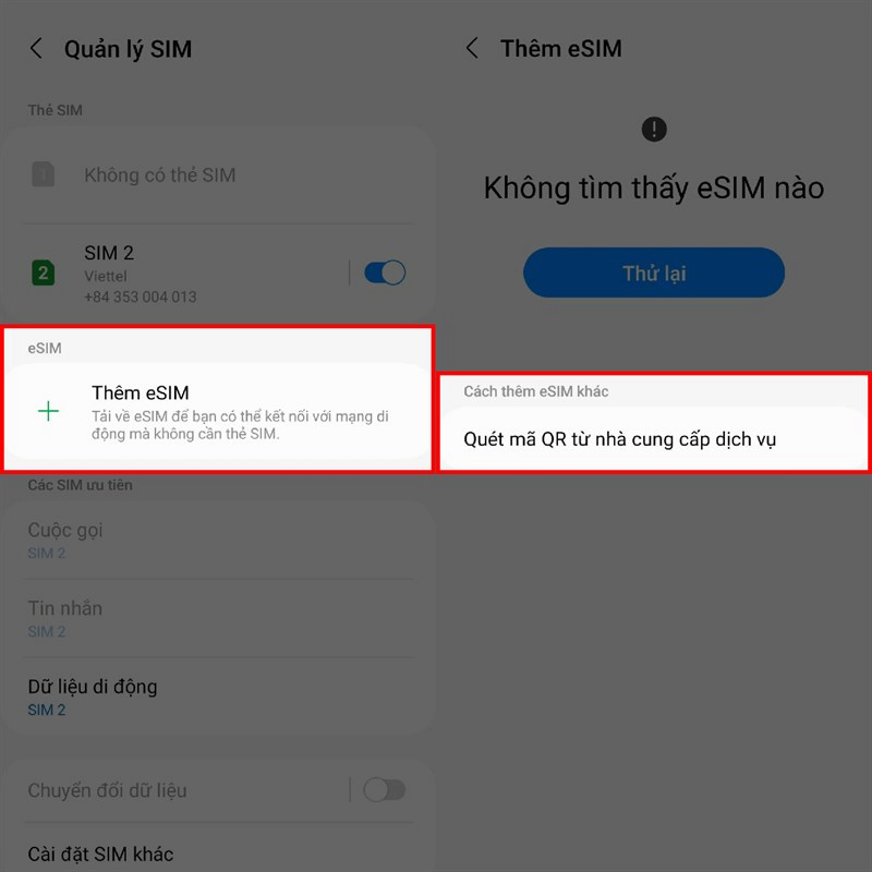 Quét mã QR để thêm eSIM trên điện thoại Oppo