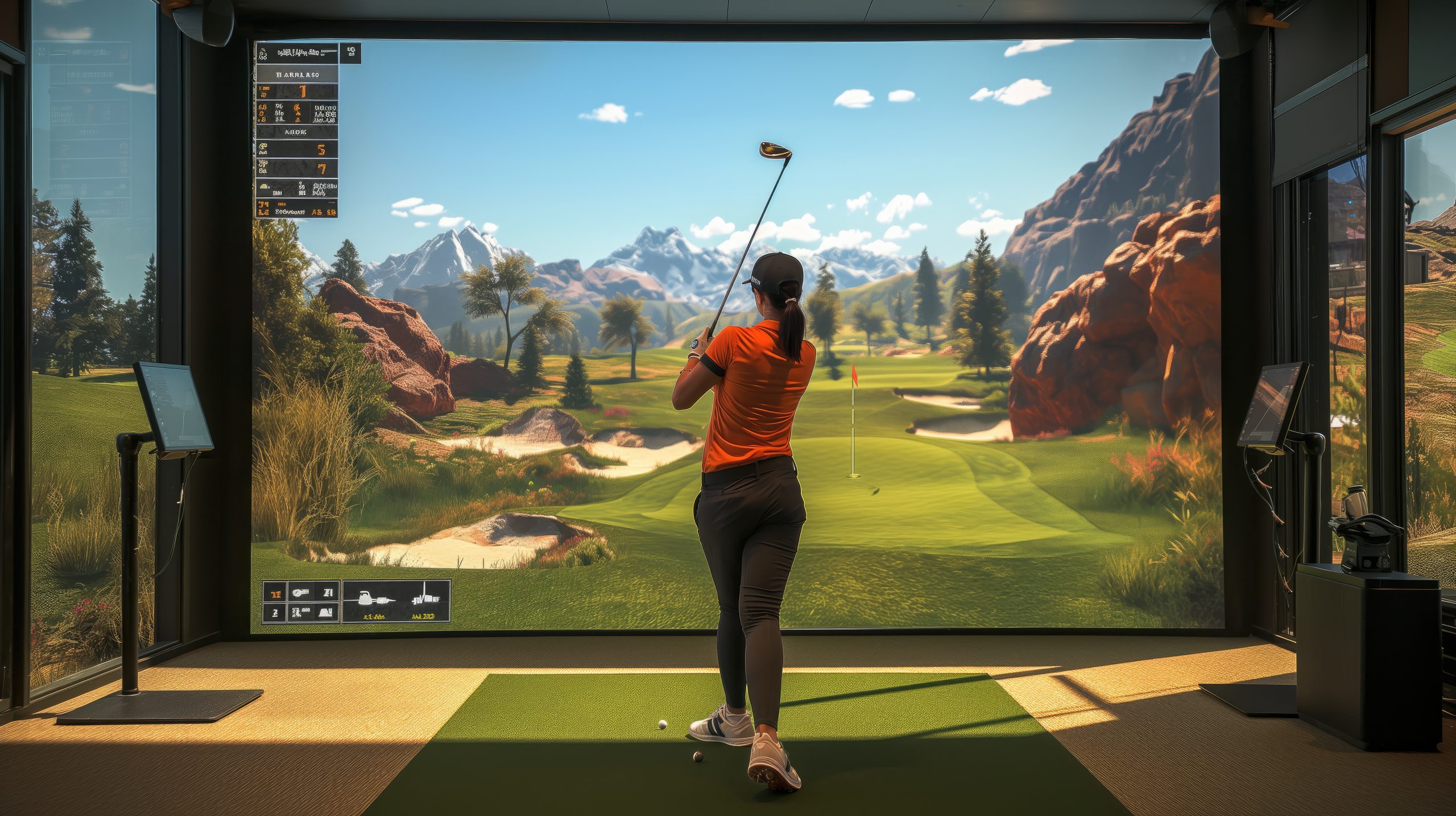 A golfer teeing off in front of a full-swing simulator screen at Swing Shift