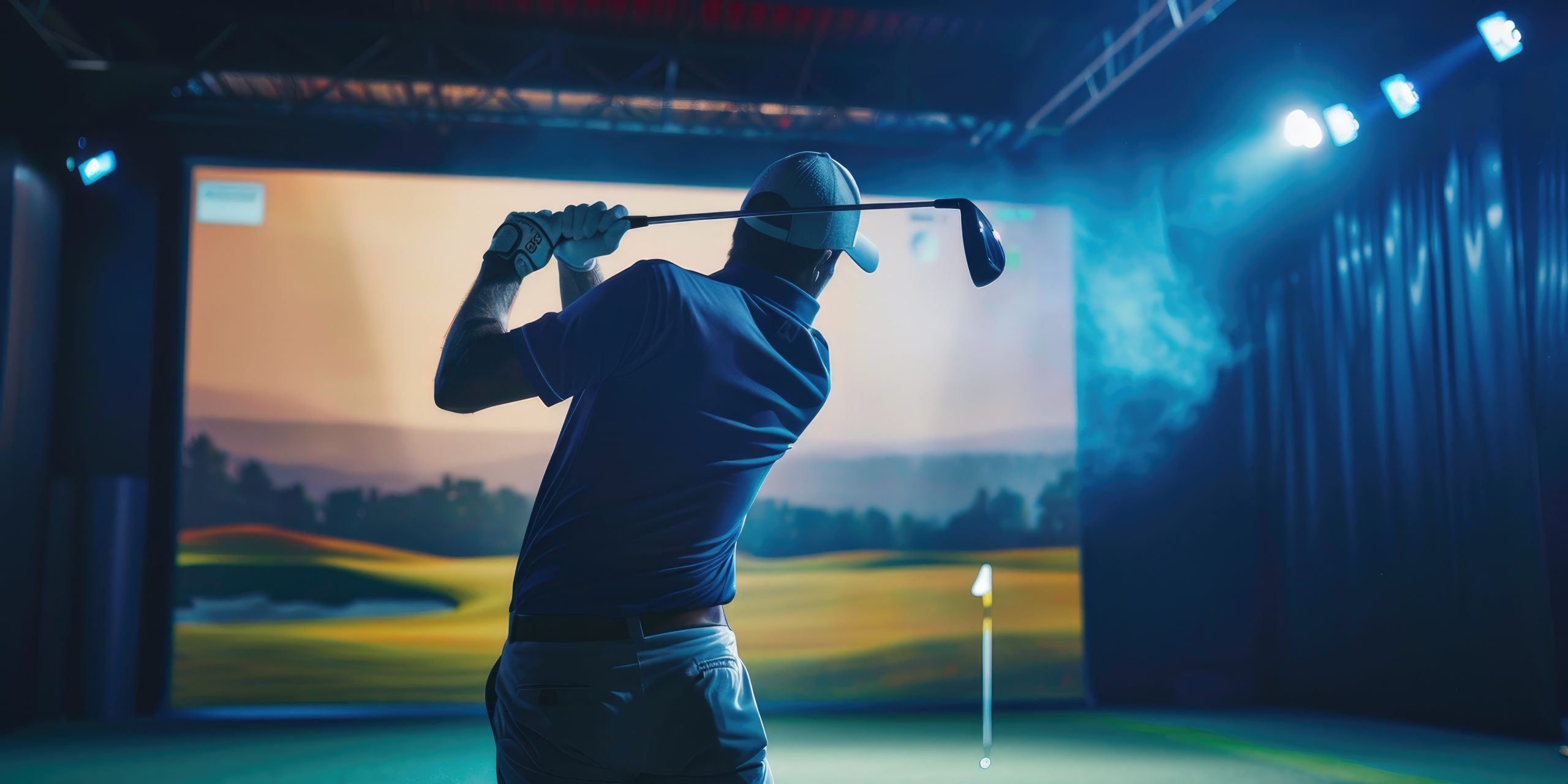 A golfer silhouetted against the simulator screen
