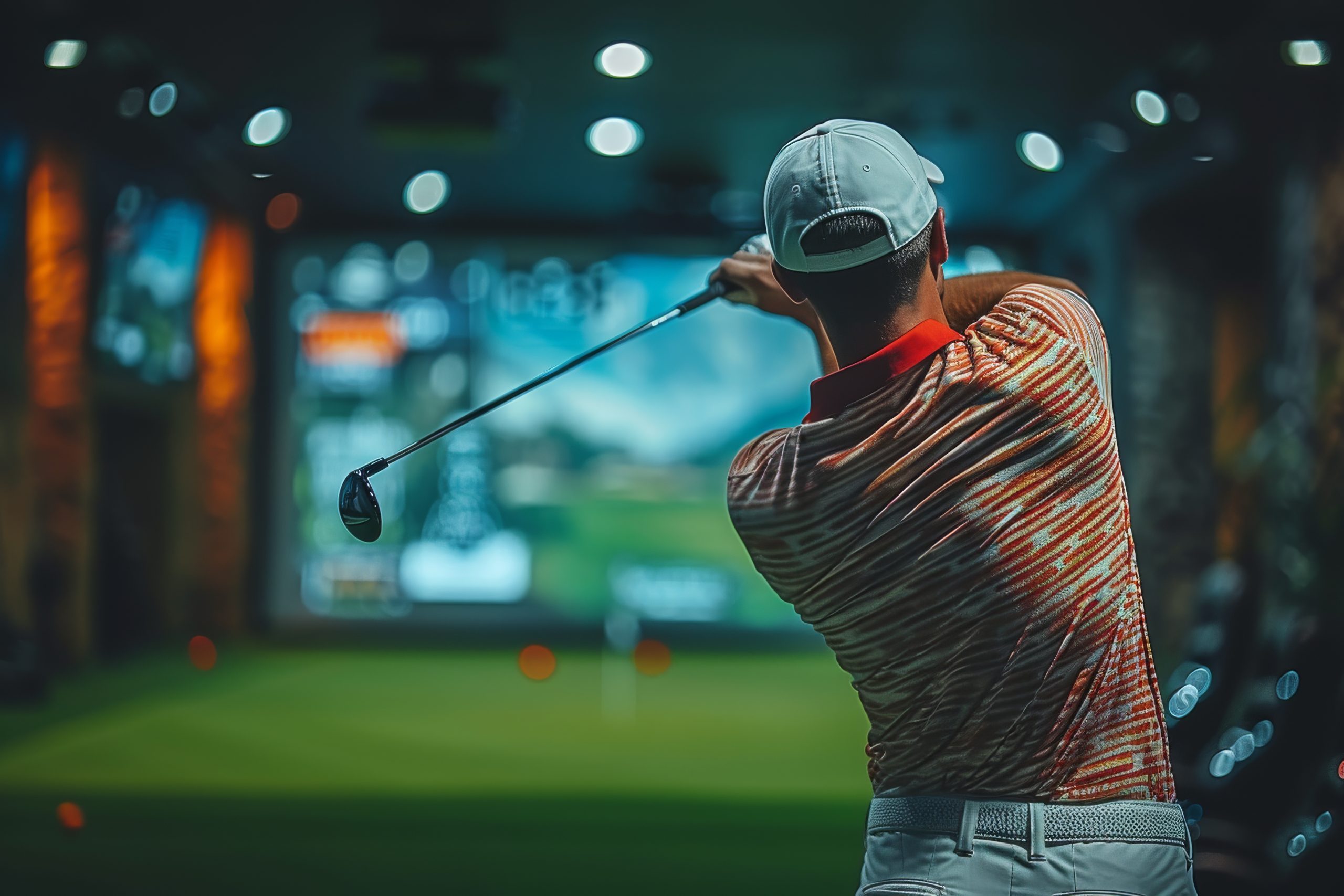 A member mid-swing under the bay lights