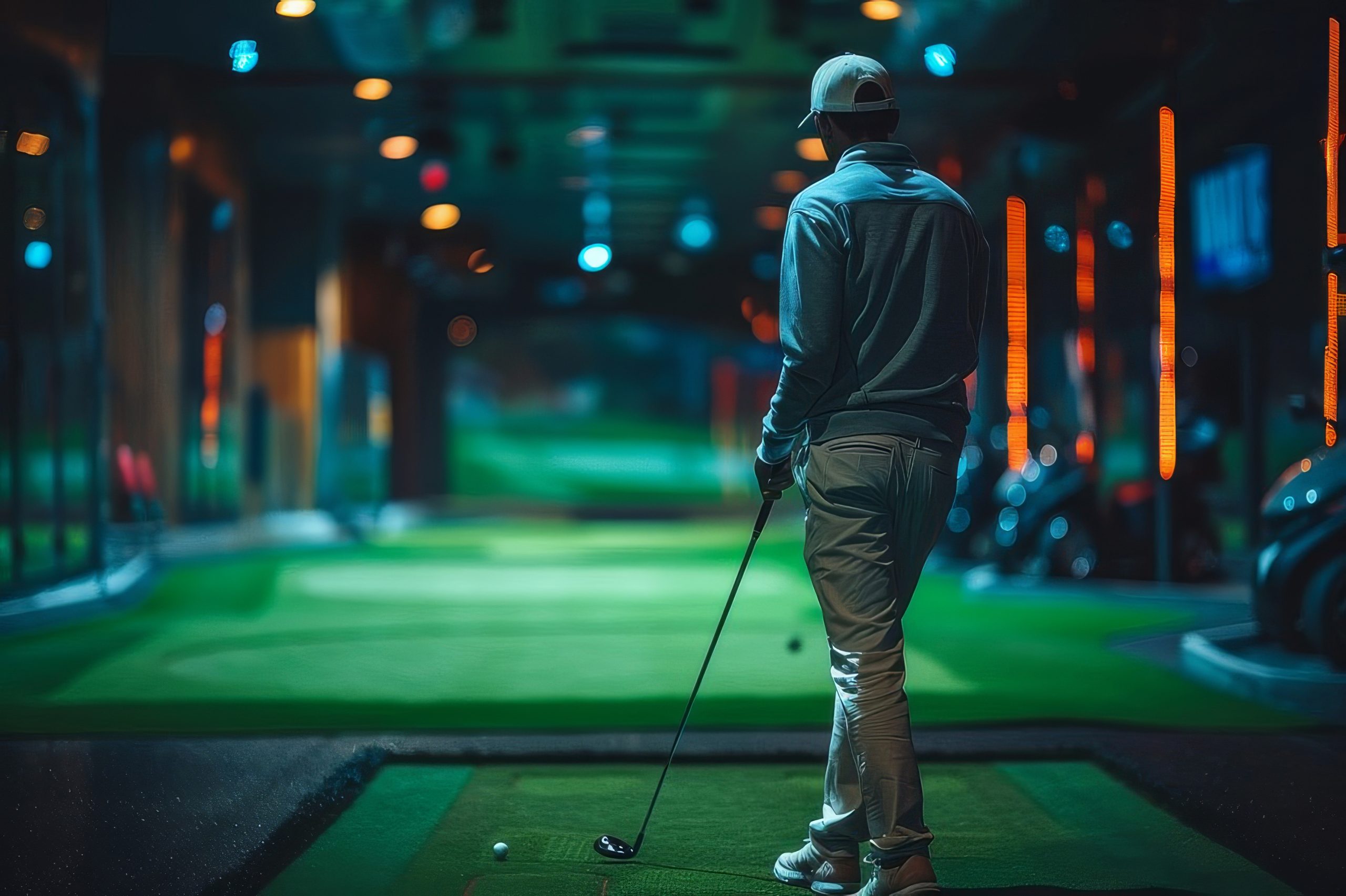 A golfer on the PuttView putting green in a Swing Shift bay