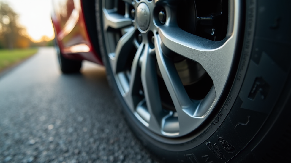 Close-up view of a car tire with visible tread depth