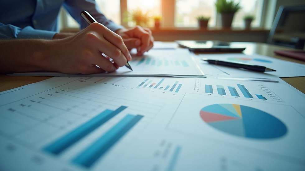 Eye-level view of a data analysis workspace with charts and graphs