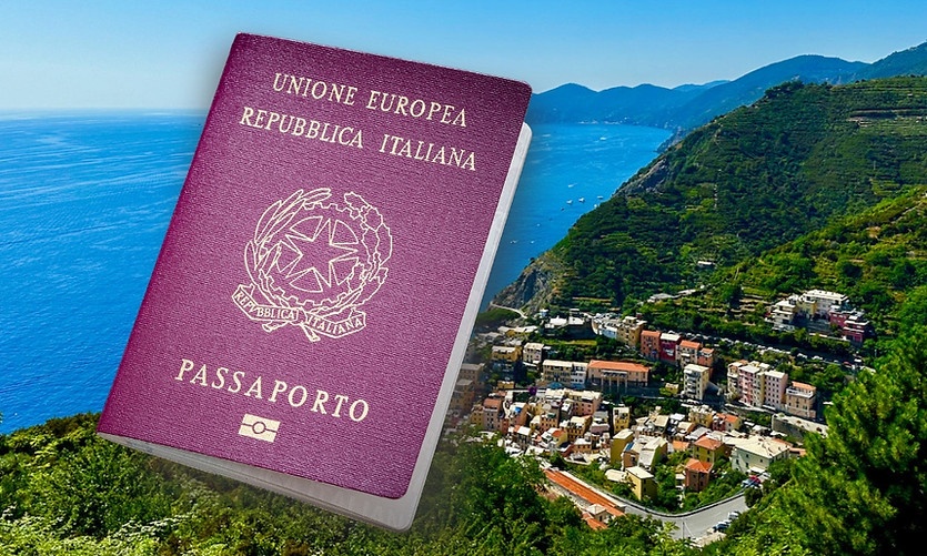 Italian passport over beautiful coast of Italy