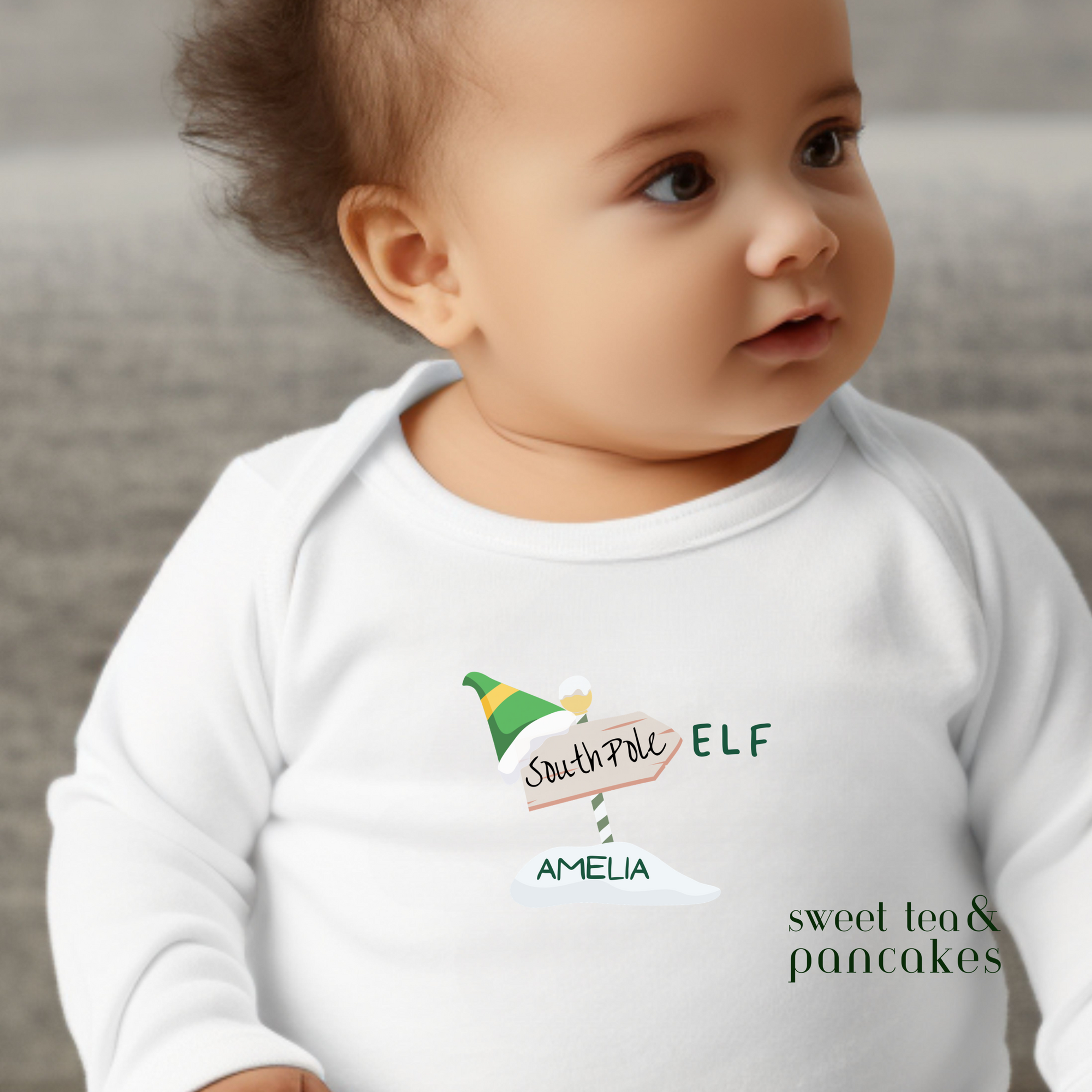 South Pole Elf Personalized Long-sleeve Baby Onesie