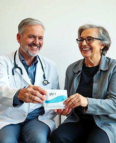 A doctor handing over glp-1 weight loss packet to their patient who is happy. Both doctor