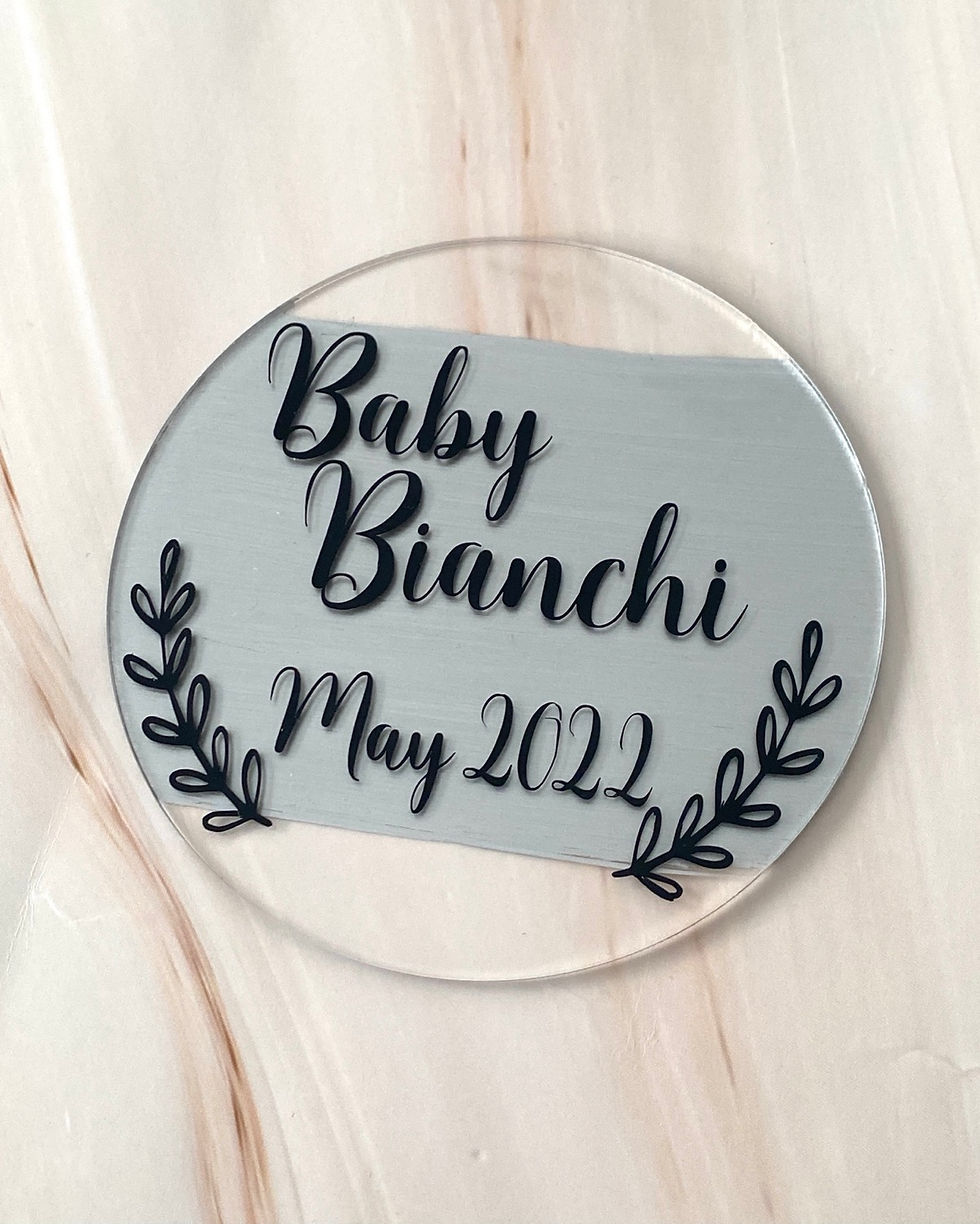 Thumbnail: Baby Pregnancy Announcement Leaf Design Acrylic Disc with date 