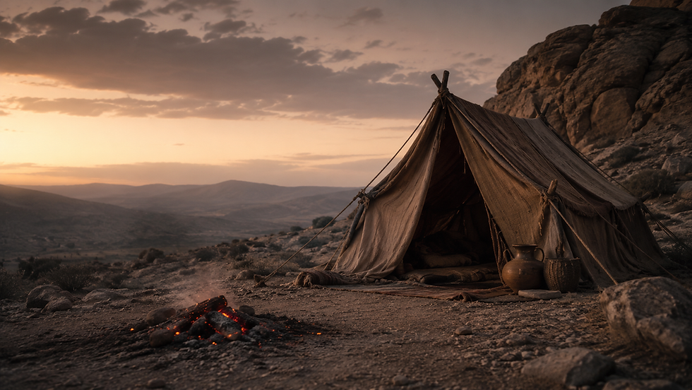 Brasas quase apagadas diante de uma tenda no deserto, representando cansaço, murmuração secreta e chamado à oração honesta.