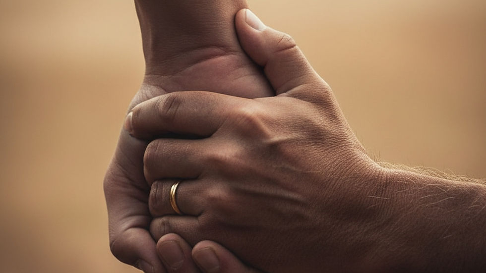 Mão trêmula e suja segurando com força uma mão firme e limpa, simbolizando a fé honesta que abraça a dúvida e se agarra a Deus.