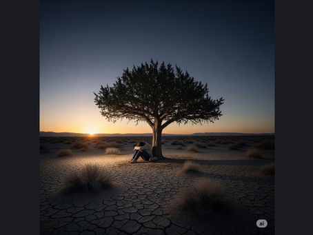Pessoa sentada e desolada sob uma árvore solitária no deserto ao amanhecer, simbolizando a oração honesta no ponto mais baixo da jornada.
