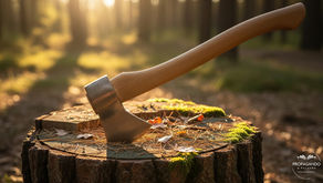A sharp lumberjack's axe resting against a tree stump in a sunlit forest, symbolizing the importance of Sabbath rest to keep our work effective and purposeful (Exodus 20).