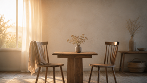 Duas cadeiras próximas a uma mesa simples, simbolizando o amor que une e consola na comunhão cristã.