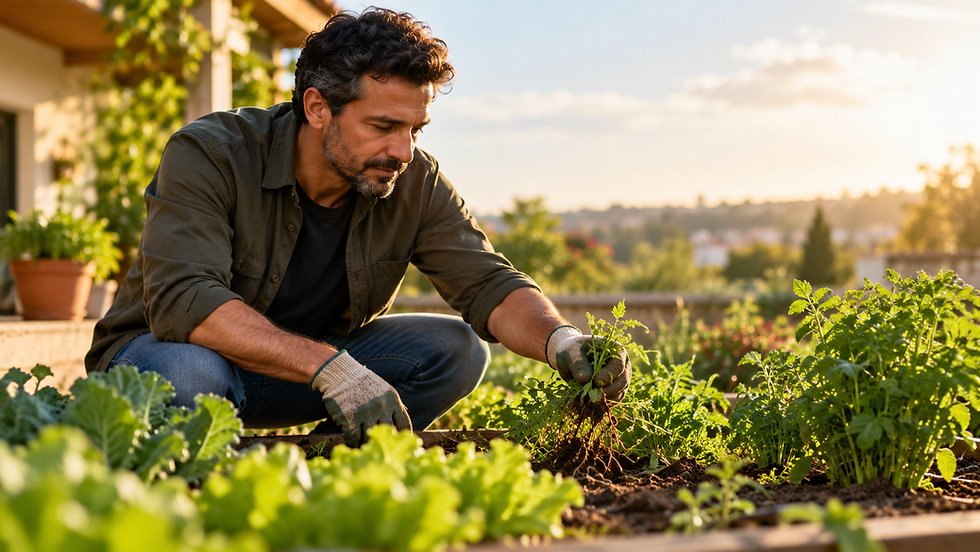 Pessoa cuidando atentamente de um pequeno jardim doméstico, retirando aquilo que compete com as plantas cultivadas, em uma cena contemporânea de cuidado, atenção e constância.