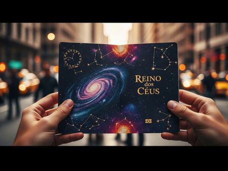 Hands holding an open passport. Instead of a country, the cover and pages show a celestial design with constellations and the inscription "Kingdom of Heaven," with a bustling city scene blurred in the background.