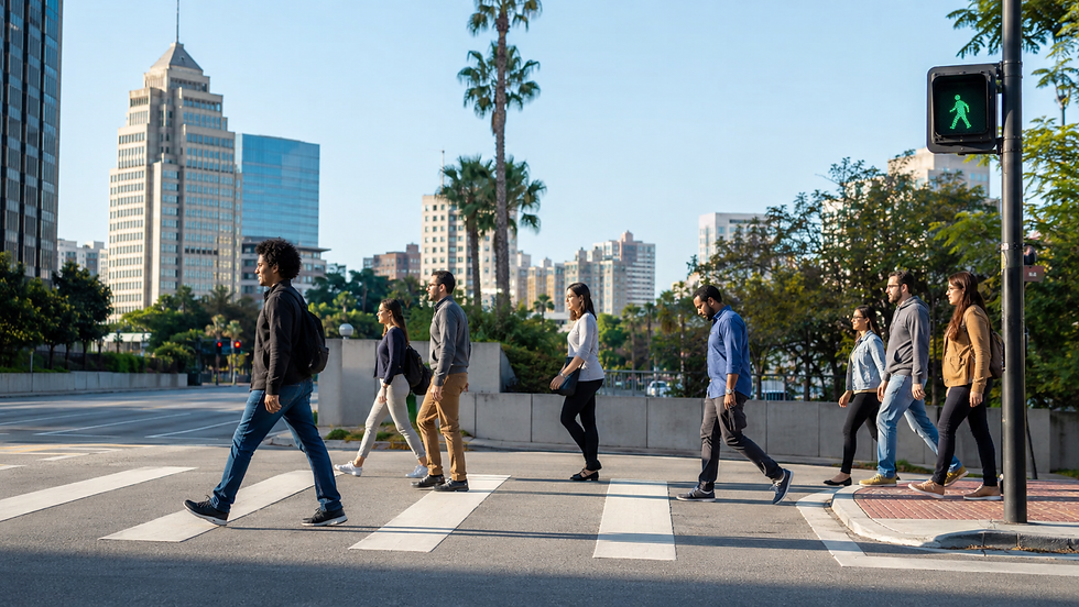 Pedestres começam a atravessar uma avenida após o sinal autorizado, representando a decisão de avançar quando Deus ordenar.