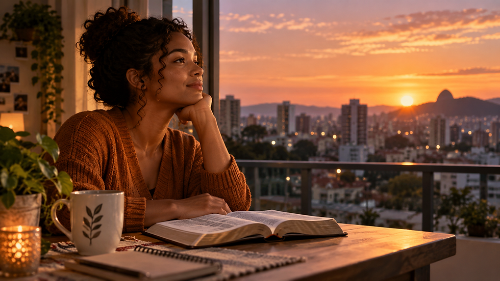 Mulher em momento de reflexão diante de uma Bíblia aberta, com a cidade ao fundo iluminada pelo pôr do sol.