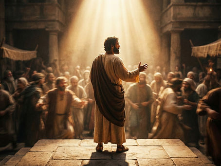 Pedro pregando para a multidão em Pentecostes, defendendo os discípulos.