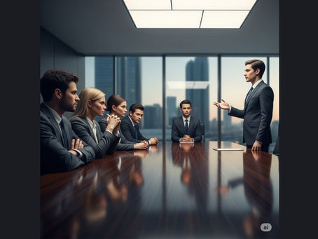 Pessoa corajosa de pé, falando a verdade em uma reunião de diretoria tensa, simbolizando a coragem de ser uma voz profética no ambiente de trabalho.