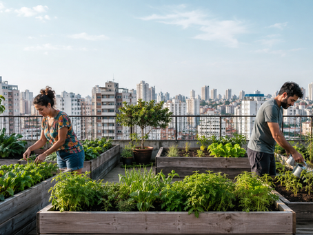 Duas pessoas cuidam de canteiros distintos em uma horta comunitária urbana, respeitando os limites de cada espaço.
