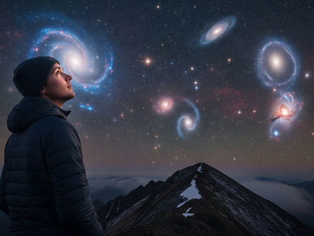 Pessoa no topo de uma montanha fixando os olhos em um céu estrelado, simbolizando a mudança de foco dos problemas terrenos para a perspectiva da glória eterna (2 Coríntios 4:17-18).