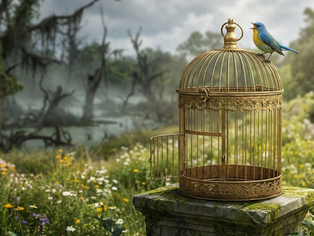 Pássaro livre da gaiola escolhendo não voar para a sujeira, simbolizando a liberdade cristã em Romanos 6.