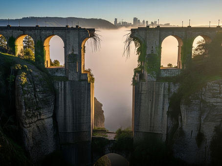 Uma majestosa ponte de pedra antiga, quebrada no meio, sobre um abismo profundo e enevoado, simbolizando a desconexão.