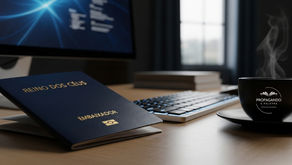A passport for the "Kingdom of Heaven" on a modern office desk, symbolizing the Christian's role as an ambassador for Christ in their workplace (2 Corinthians 5:20).