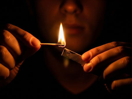 Hands lighting a match in the dark, symbolizing hope, the light of truth, and God's intervention in injustice.