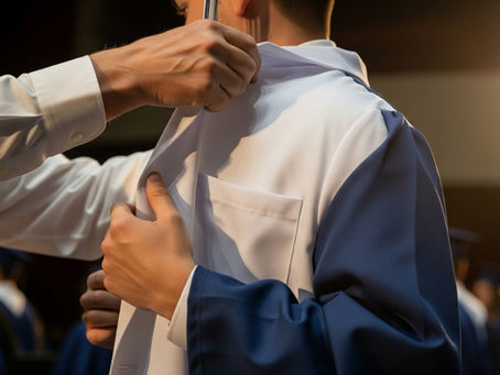 Médico mais velho colocando jaleco branco em jovem recém-formado, simbolizando herança espiritual, autoridade e propósito.