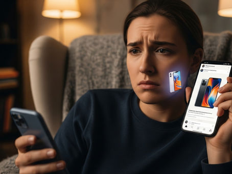 Pessoa olhando com tristeza para seu celular enquanto vê um modelo mais novo em uma rede social, simbolizando descontentamento e cobiça.