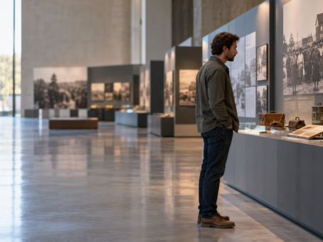 Adulto em uma exposição histórica contemporânea, observando atentamente fotografias e objetos de memória em um espaço público amplo e sóbrio.