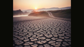 Dry, cracked riverbed in the foreground, with a path leading towards a sunrise on the horizon, symbolizing hope and a new direction.