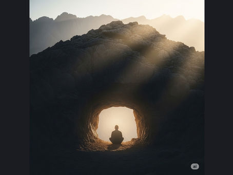 Pessoa em meditação à entrada de uma caverna em montanha, buscando a presença de Deus.
